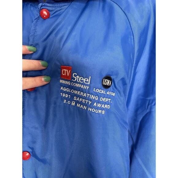 Vtg Blue Holloway Satin Snap Up Bomber Jacket Made In USA Steel Mining Size Med - Picture 4 of 16